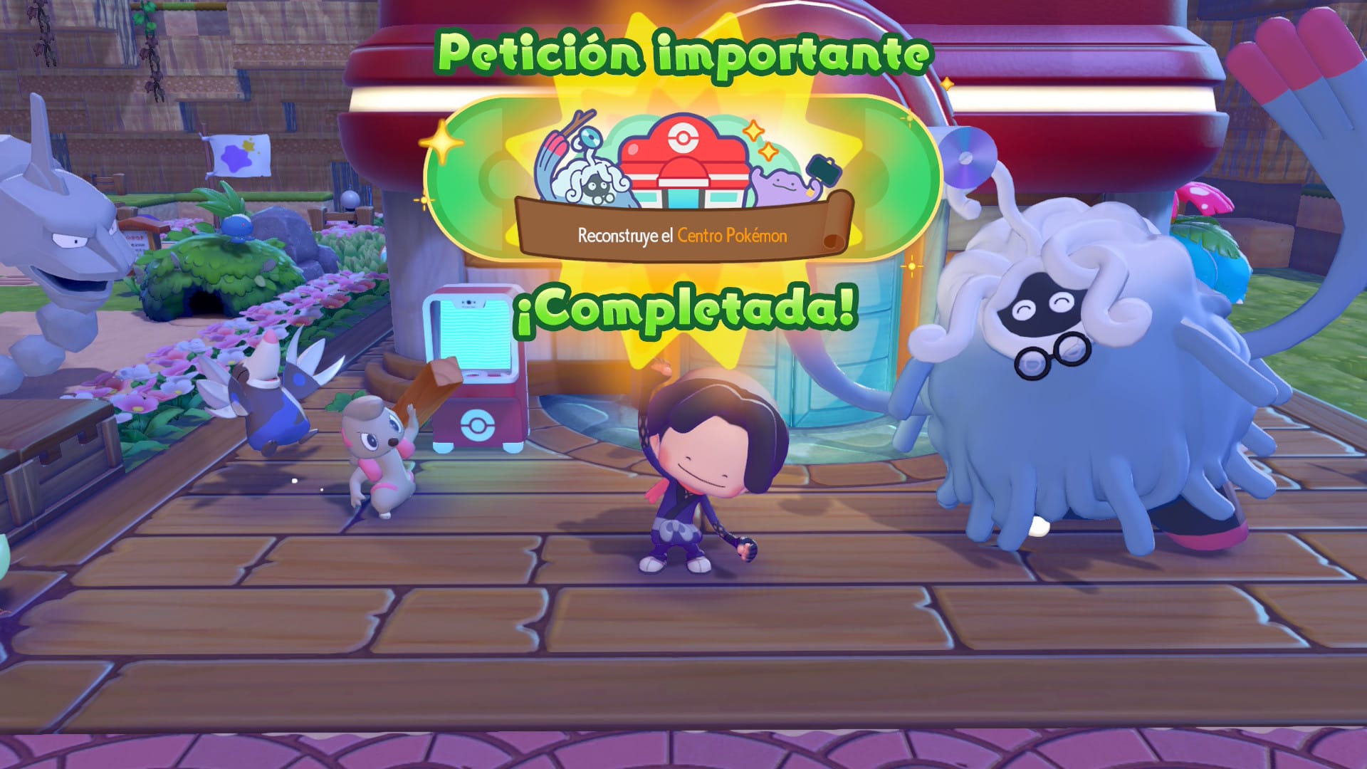 Varios pokemon celebrando alrededor de un centro pokemon recien construido con un cartel de petición completada